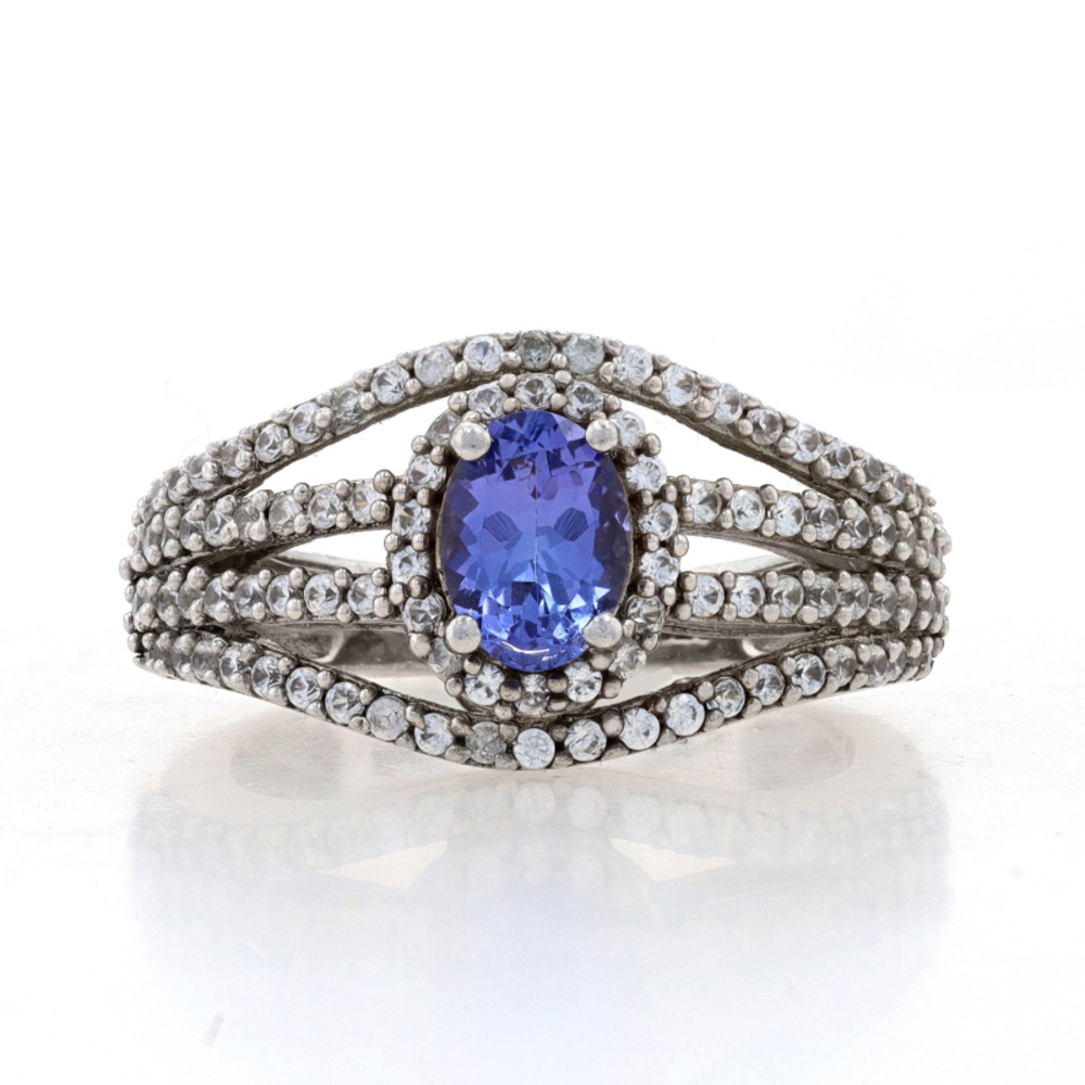Sterling Silver Tanzanite & White Topaz Halo Ring - 925 Oval Cut